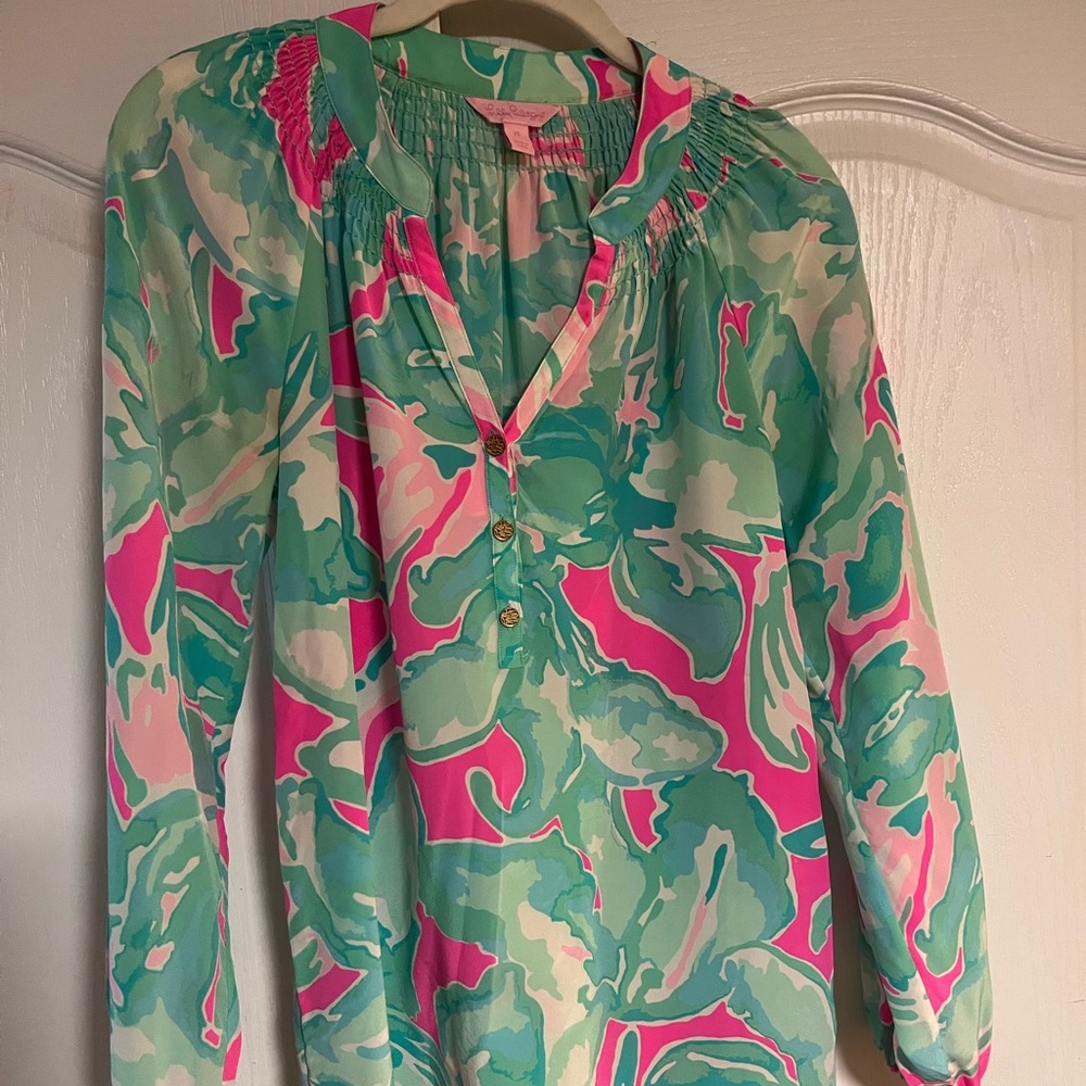 Lilly Pulitzer Elsa Silk Top Blue Teal Pink, Size XS